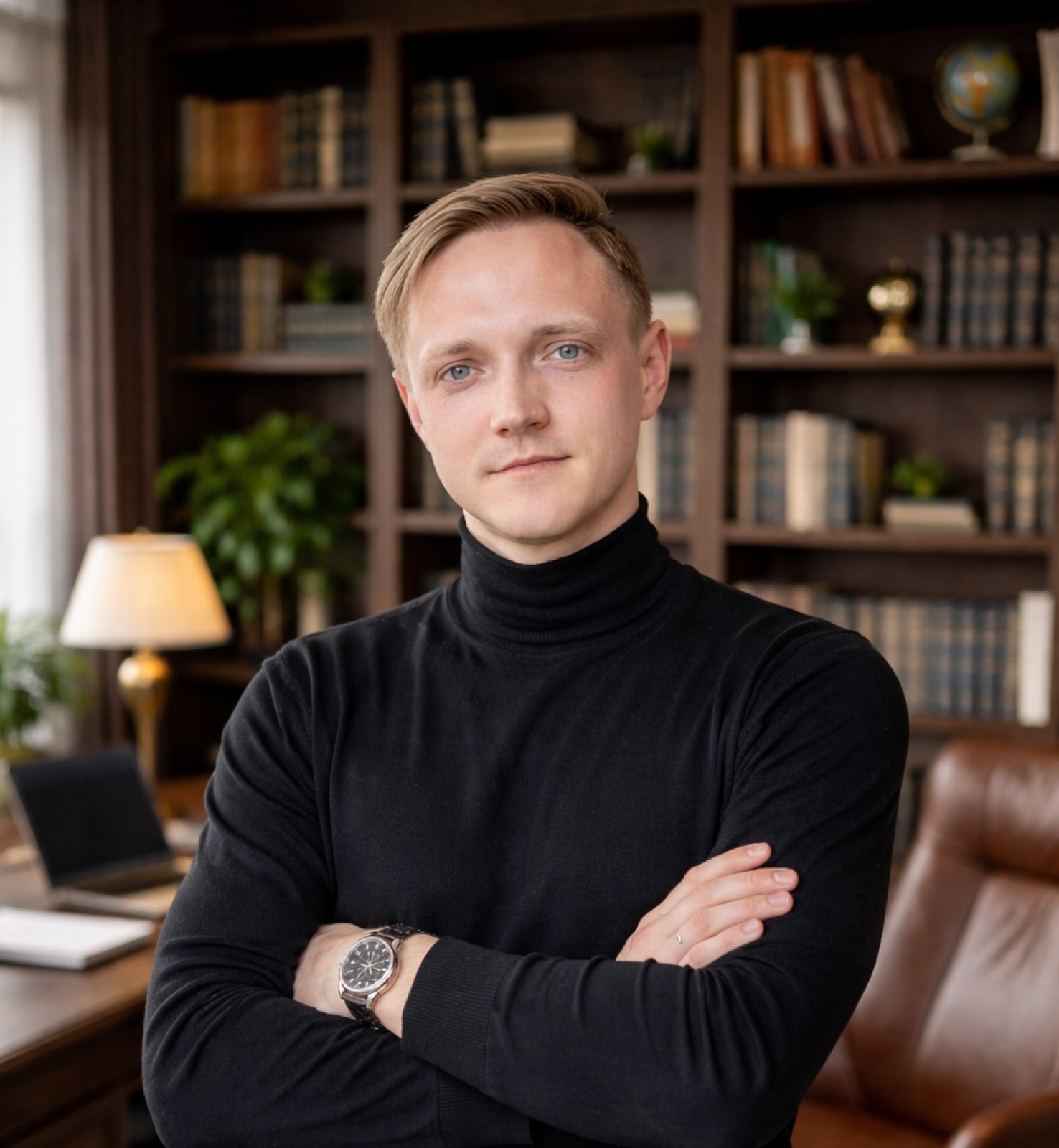 Илья Ермолаев в чёрной водолазке, руки скрещены, в кабинете с книжными полками - условия премии РОПа