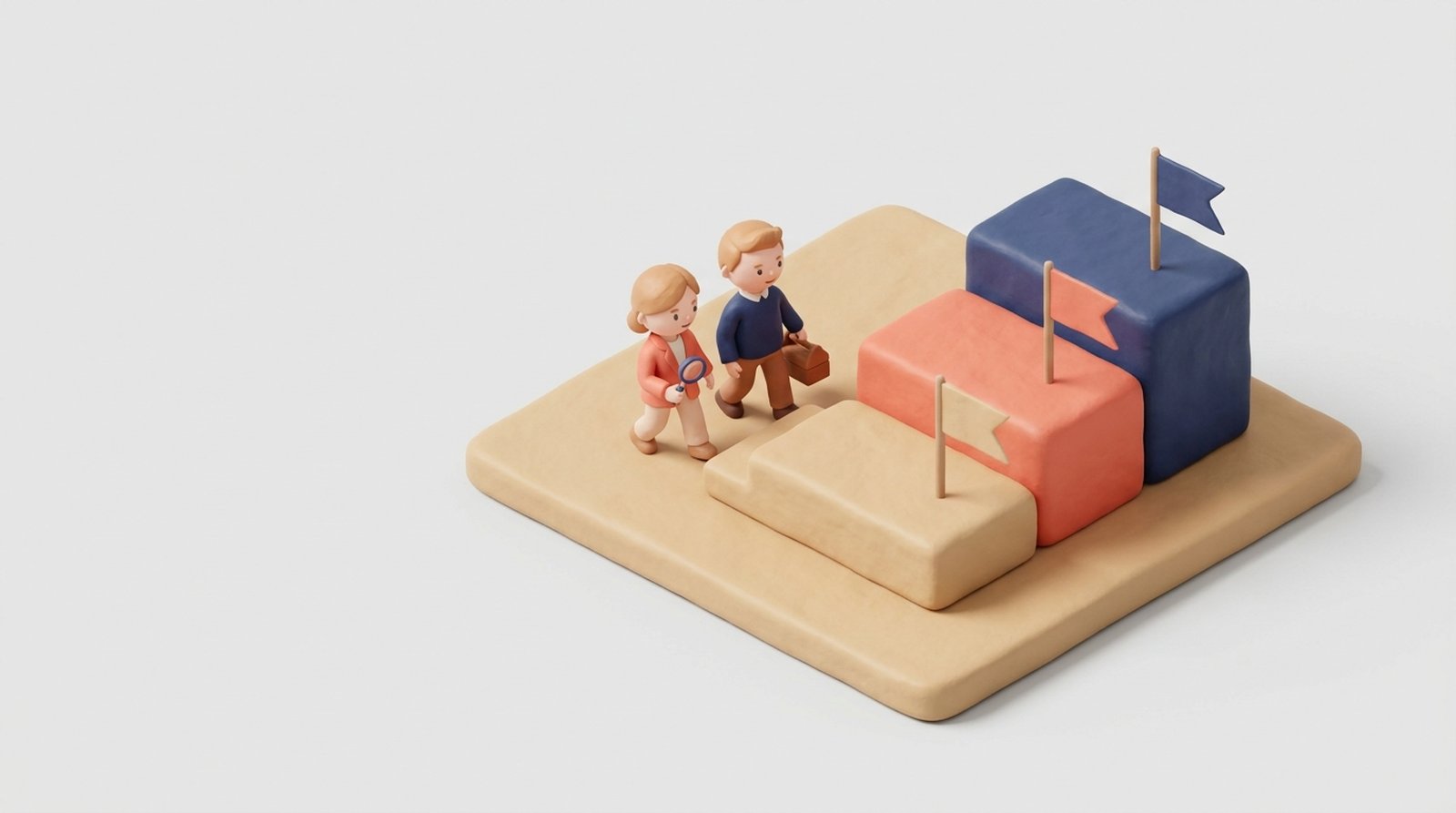 Собственник и менеджер поднимаются по трём ступеням с флажками